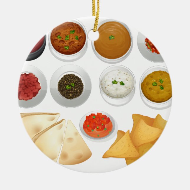 Different kind of chips and dips ceramic ornament (Front)