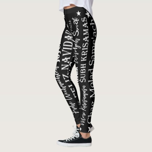 Different languages of Merry Christmas Black Leggings