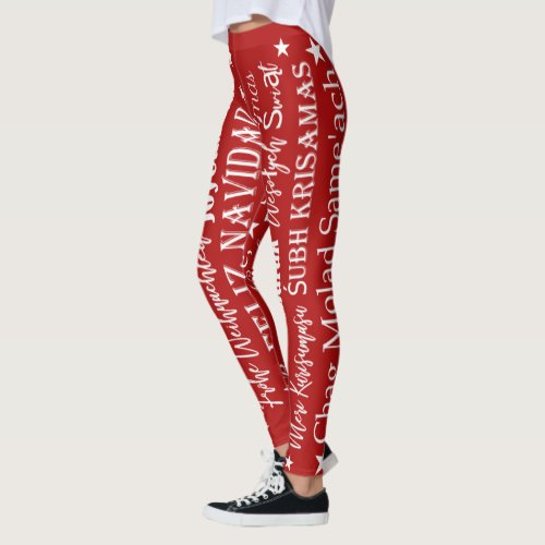 Different languages of Merry Christmas Red Leggings