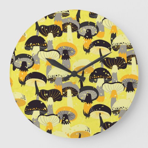 Different Mushrooms Vintage Seamless Pattern Large Clock