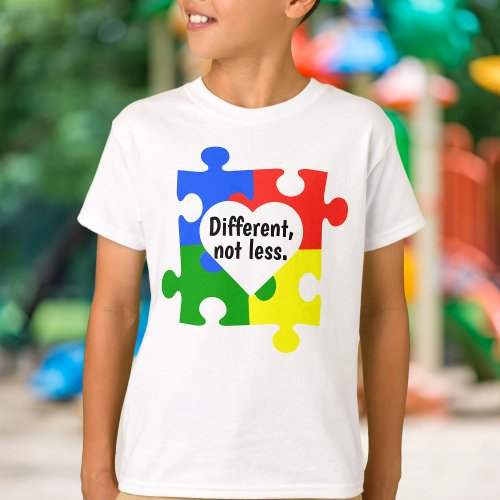 Different Not Less Puzzle Pieces Heart White T_Shirt