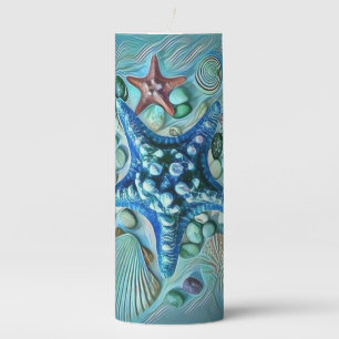 Different types tropical seashells blue painting pillar candle