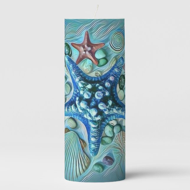 Different types tropical seashells blue painting pillar candle (Front)