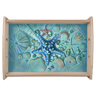 Different types tropical seashells blue painting serving tray