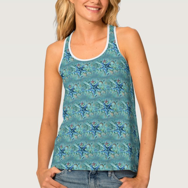 Different types tropical seashells blue painting tank top (Front)