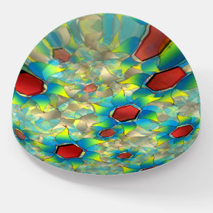 Different virtual flowers, bluish petals upon teal paperweight