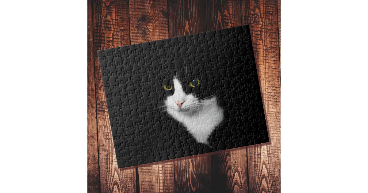 Difficult Black and White Cat on Solid Black Jigsaw Puzzle | Zazzle