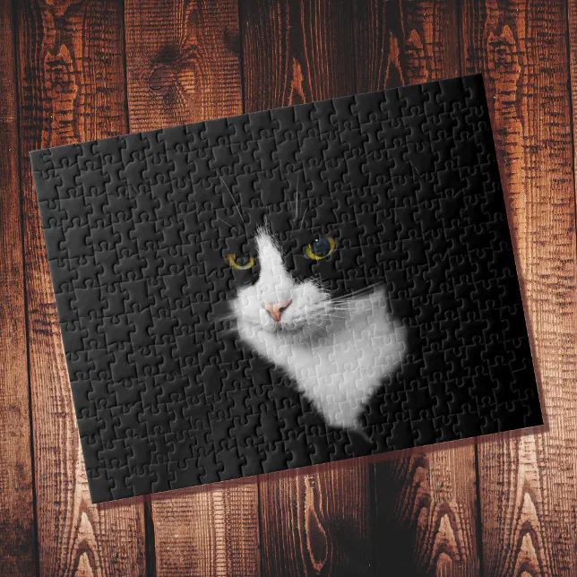 Difficult Black and White Cat on Solid Black Jigsaw Puzzle | Zazzle