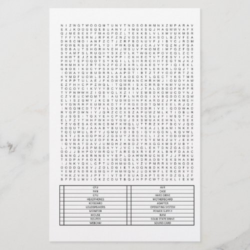 Difficult Giant Word Search Puzzle PC Parts Theme Stationery