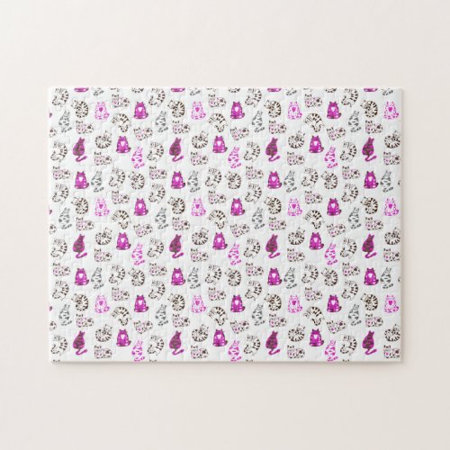 Difficult Kitty Cat Pattern  Bright Pink Jigsaw Puzzle