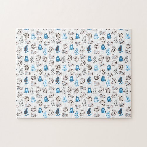 Difficult Kitty Cat Pattern  Classic Blue Jigsaw Puzzle