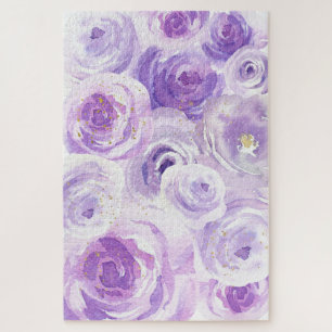 Difficult Watercolor Purple Rose All-Over Pattern Jigsaw Puzzle
