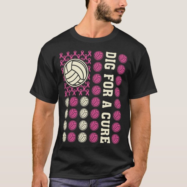 Dig For Cure Ribbon Volleyball Pink Breast Cancer  T-Shirt (Front)