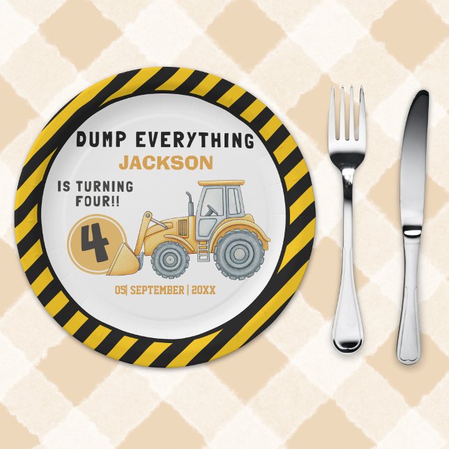 "Dig In! Construction Truck Party for 4th Birthday Paper Plates (Creator Uploaded)