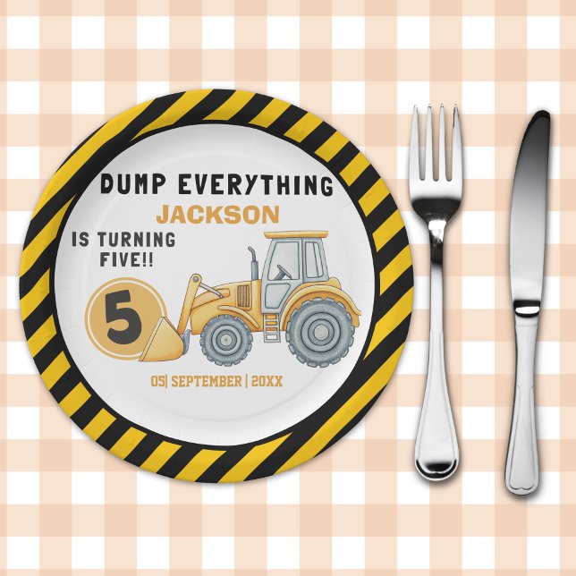 "Dig In! Construction Truck Party for 5th Birthday Paper Plates (Creator Uploaded)