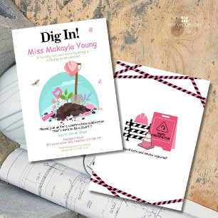 Dig In Pink Construction Birthday Invitation