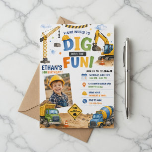 Dig Into The Fun Construction Photo Birthday  Invitation