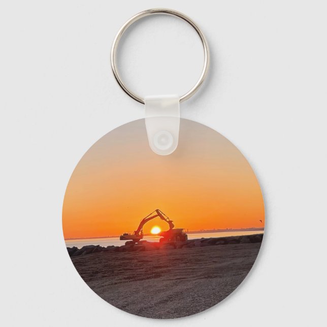 Digger and Lorry Framing setting sun by the sea  Keychain (Front)