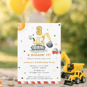 Digger Truck Construction 3rd Birthday Party Invitation