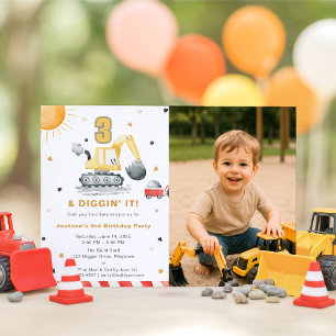 Digger Truck Construction 3rd Birthday Party Photo Invitation