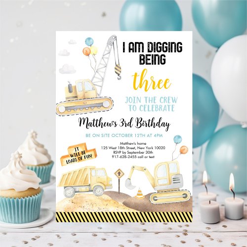 Digging Being Three Construction Birthday Invitation