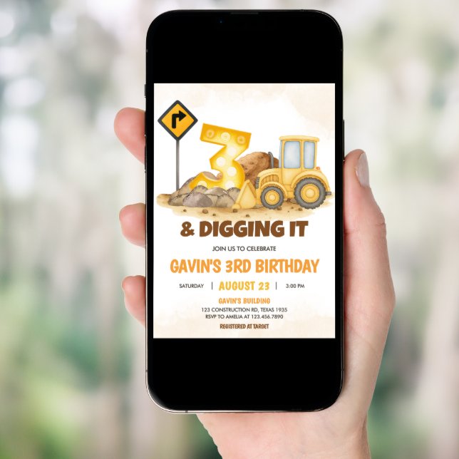 Digging It Construction Truck 3rd Birthday Party Invitation (Front Digital)