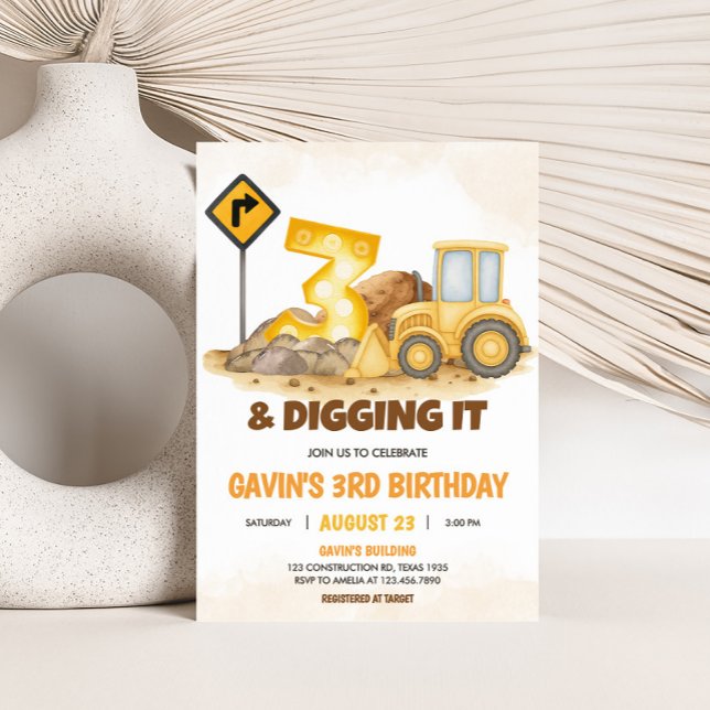 Digging It Construction Truck 3rd Birthday Party Invitation (3 and Digging It Birthday Party Invitation)