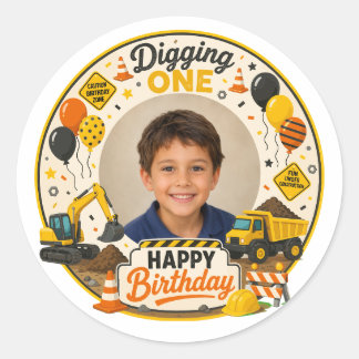Digging One Construction Birthday | First Birthday Classic Round Sticker