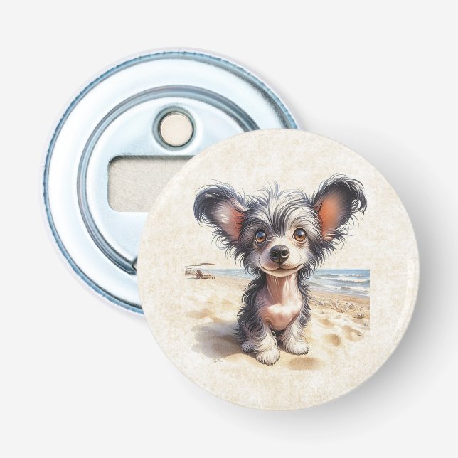 DigiPups Chinese Crested Puppy Dog Beach Scene Bottle Opener (Front)