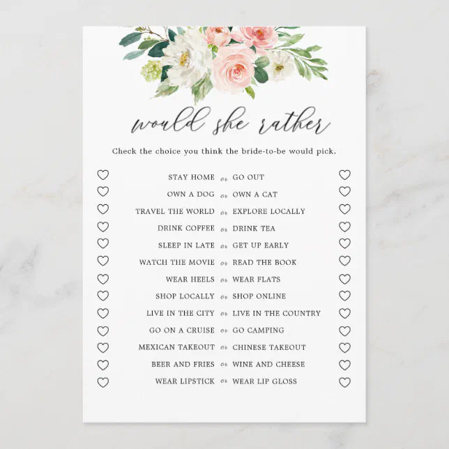 Digita Floral Would She Rather Bridal Shower Game Invitation | Zazzle