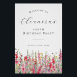 DIGITAL 100th Birthday August Birth Flower Welcome Poster<br><div class="desc">Elegant summer watercolor pink gladiolus flowers create a beautiful floral border at the bottom of this birthday party welcome tabletop pedestal sign. Gladiolus flowers are the July birth flower that signify strength and love. A trendy font combination gives it a modern aesthetic. All of the text is editable.</div>