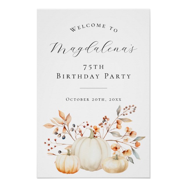 DIGITAL 75th Birthday Pumpkin Fall Leaves Welcome Poster (Front)