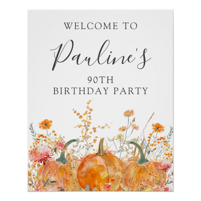 DIGITAL 90th Birthday Pumpkin Wildflower Welcome Poster (Front)