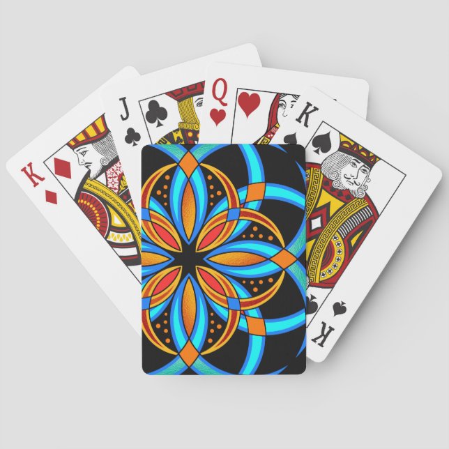 digital art blue orange mandala monogrammed poker cards (Back)