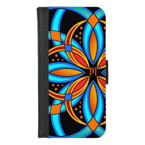 digital art blue orange monogrammed mandala iPhone 87 wallet case