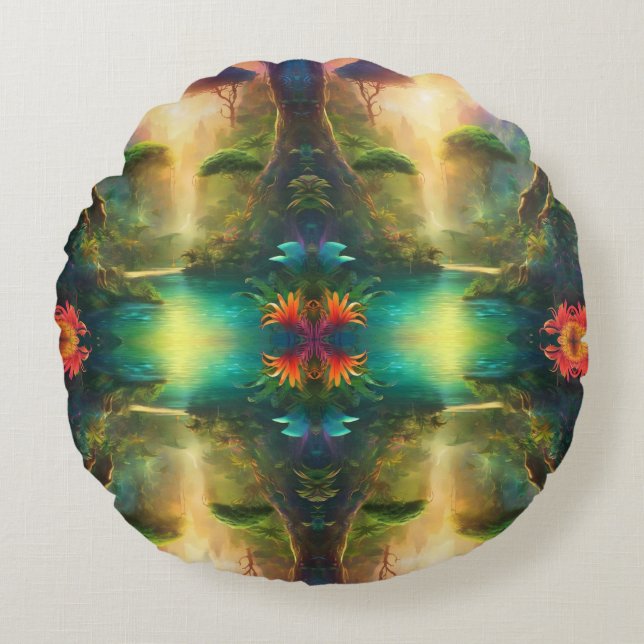 Digital art Kaleidoscope Abstract Nature River Ref Round Pillow (Front)