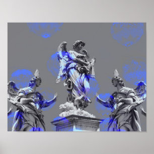 Digital art of sculptures blue color brush strokes poster