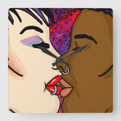 Digital Art  Romantic Kiss   Square Wall Clock