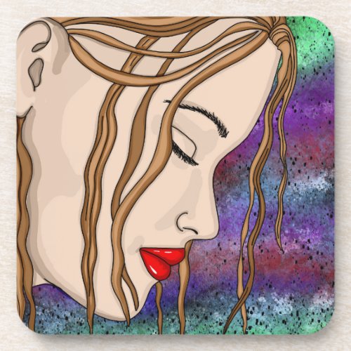 Digital Art  Sad Lady Deep in Thought  Beverage Coaster