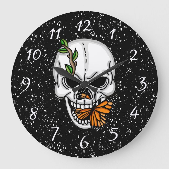 Digital Art Skull and Monarch Butterfly  Large Clock (Front)