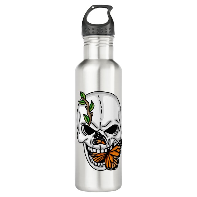 Digital Art Skull and Monarch Butterfly Stainless Steel Water Bottle (Front)