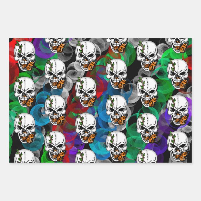 Digital Art Skull and Monarch Butterfly  Wrapping Paper Sheets (Front)