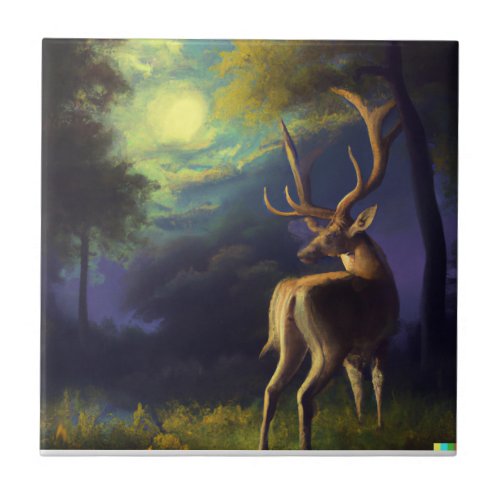 Digital Art Stag Deer Edge of Forest  Ceramic Tile