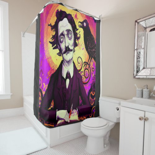 Digital Art Vintage Look Edgar Allan Poe Raven Shower Curtain