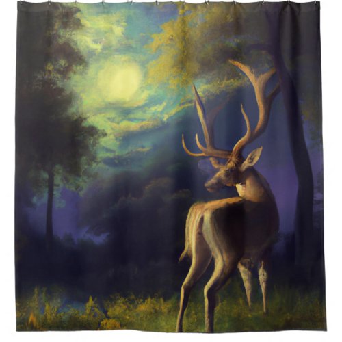 Digital Art Vintage Look Stag Deer Edge of Forest  Shower Curtain