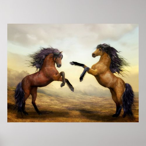 Digital art wild horses rearing up on hind legs poster