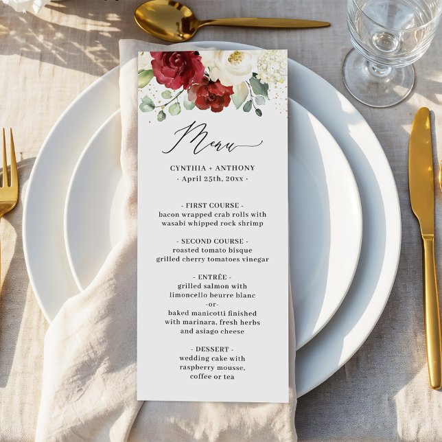 (Digital Avail) Red White Floral Wedding Menu Card (Creator Uploaded)