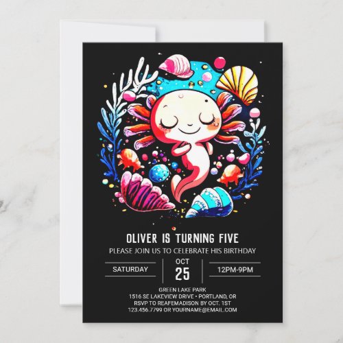 Digital Axolotl Seashells Birthday Invitation