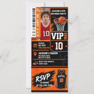 Digital Basketball Vip Ticket Birthday with photo Invitation