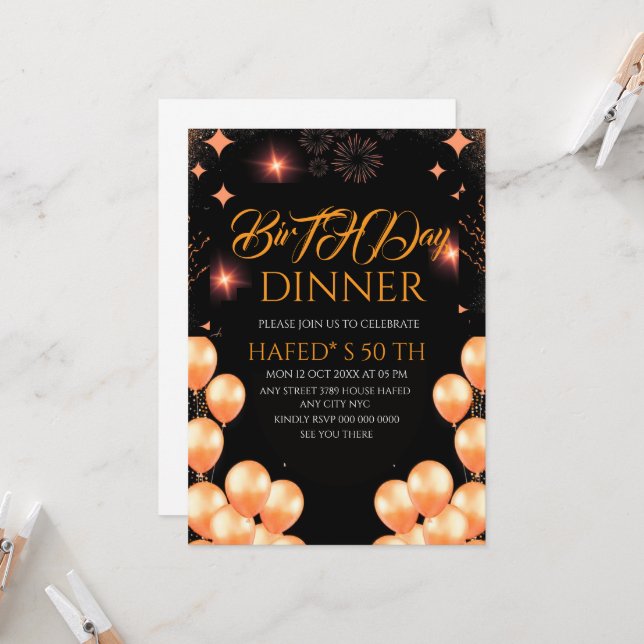 Digital Birthday Dinner Invitation Template, Black (Front/Back In Situ)